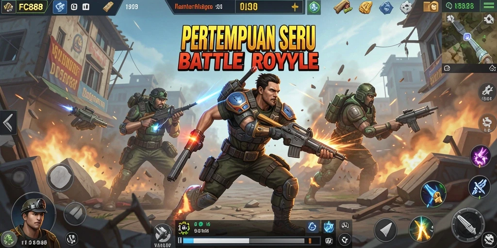 Screenshot gameplay FC888 menunjukkan aksi pertempuran mendebarkan di arena Battle Royale.