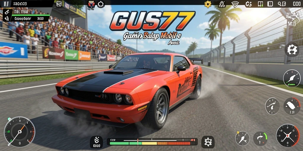 Screenshot gameplay GUS77 menampilkan aksi balapan mobil yang intens.