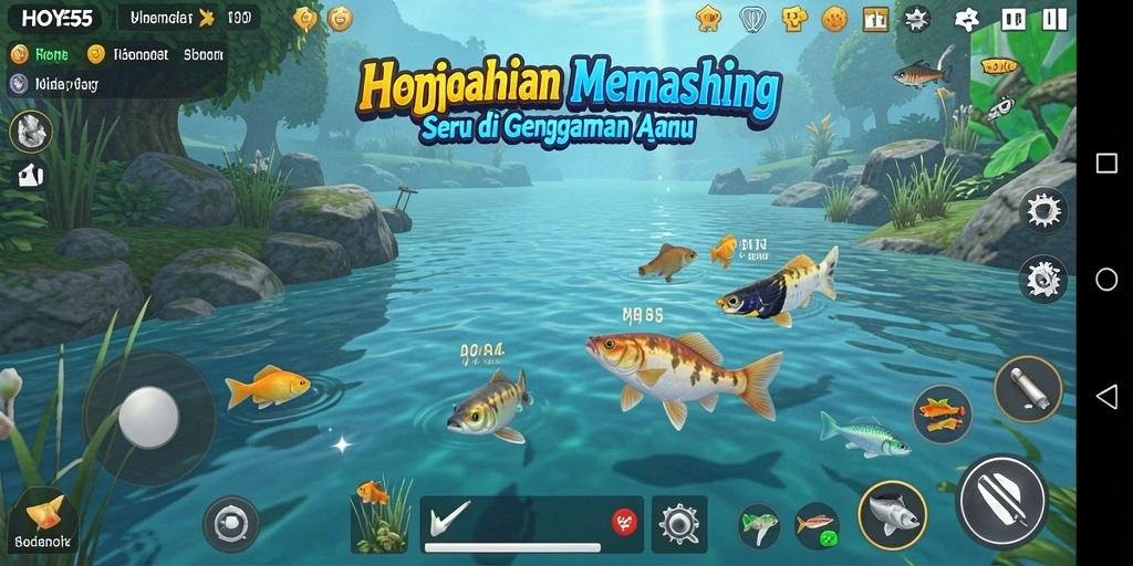 Screenshot utama HOYE55 menampilkan aksi memancing yang seru di laut.