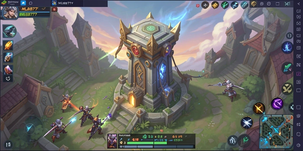 Screenshot gameplay MLBB777 menunjukkan menara dan musuh dalam pertempuran strategis.