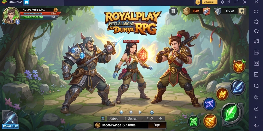 Screenshot gameplay ROYALPLAY yang menampilkan pertarungan seru dalam dunia RPG.