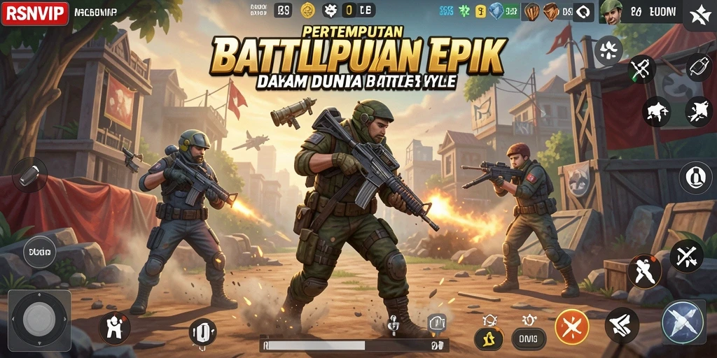 Screenshot gameplay RSNVIP yang menunjukkan pertempuran seru di arena Battle Royale.